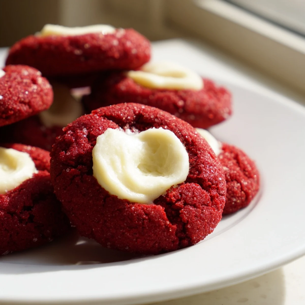 Red Velvet Thumbprint Cookies with creamy cheesecake centers on a rustic white baking sheet