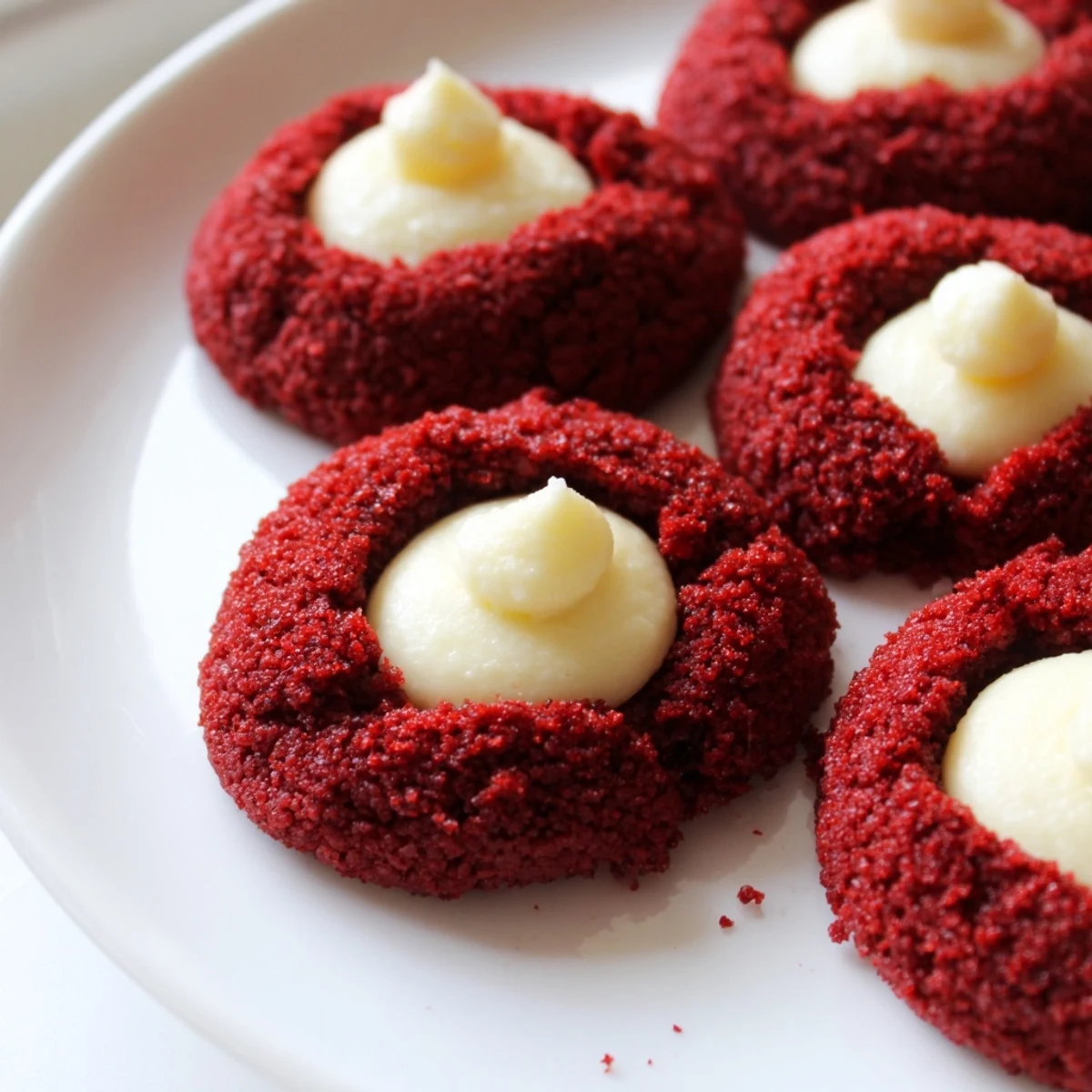 Bright red cocoa cookies filled with smooth cream cheese frosting ready for holiday serving