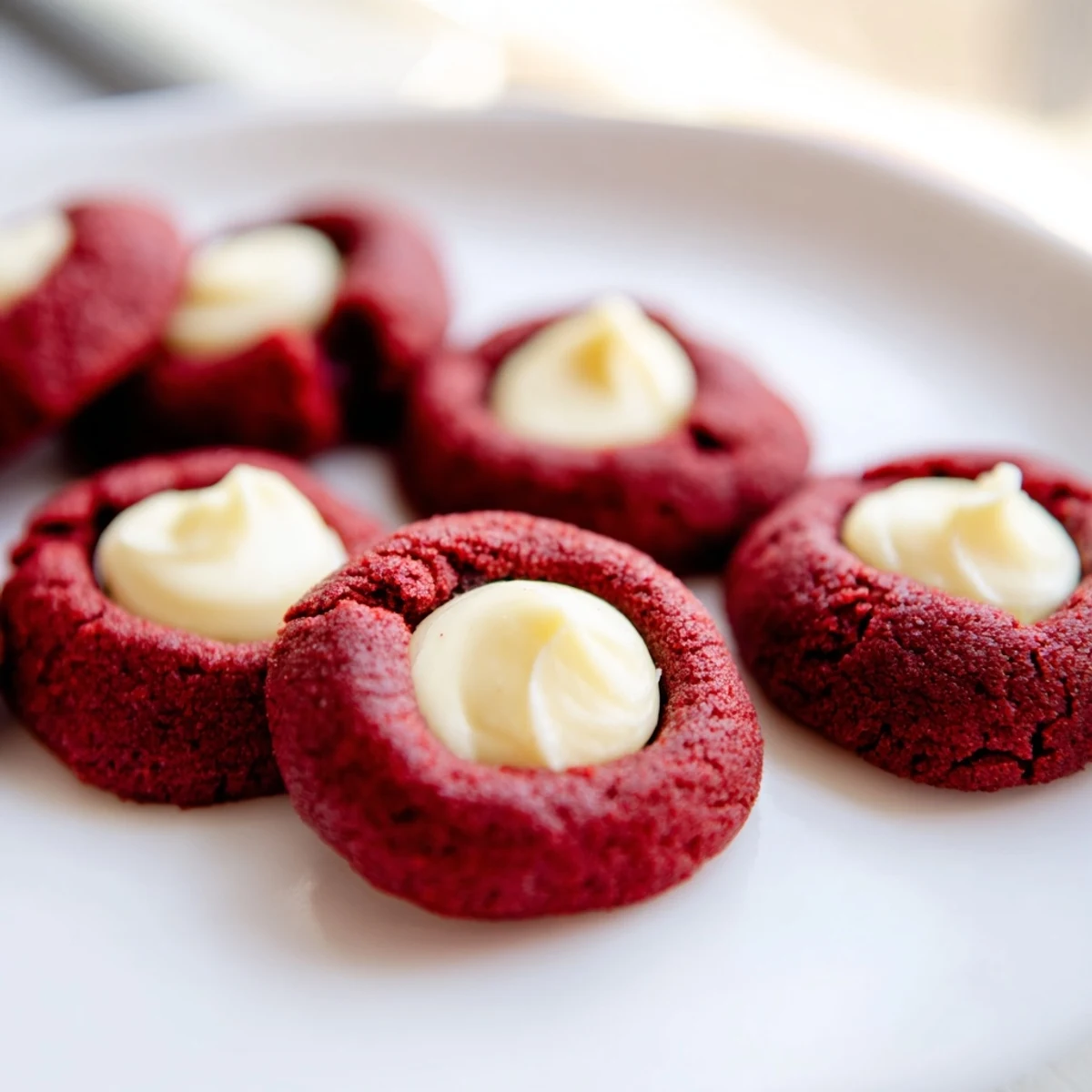 Tender Red Velvet Thumbprint Cookies topped with tangy cream cheese filling dusted with powdered sugar