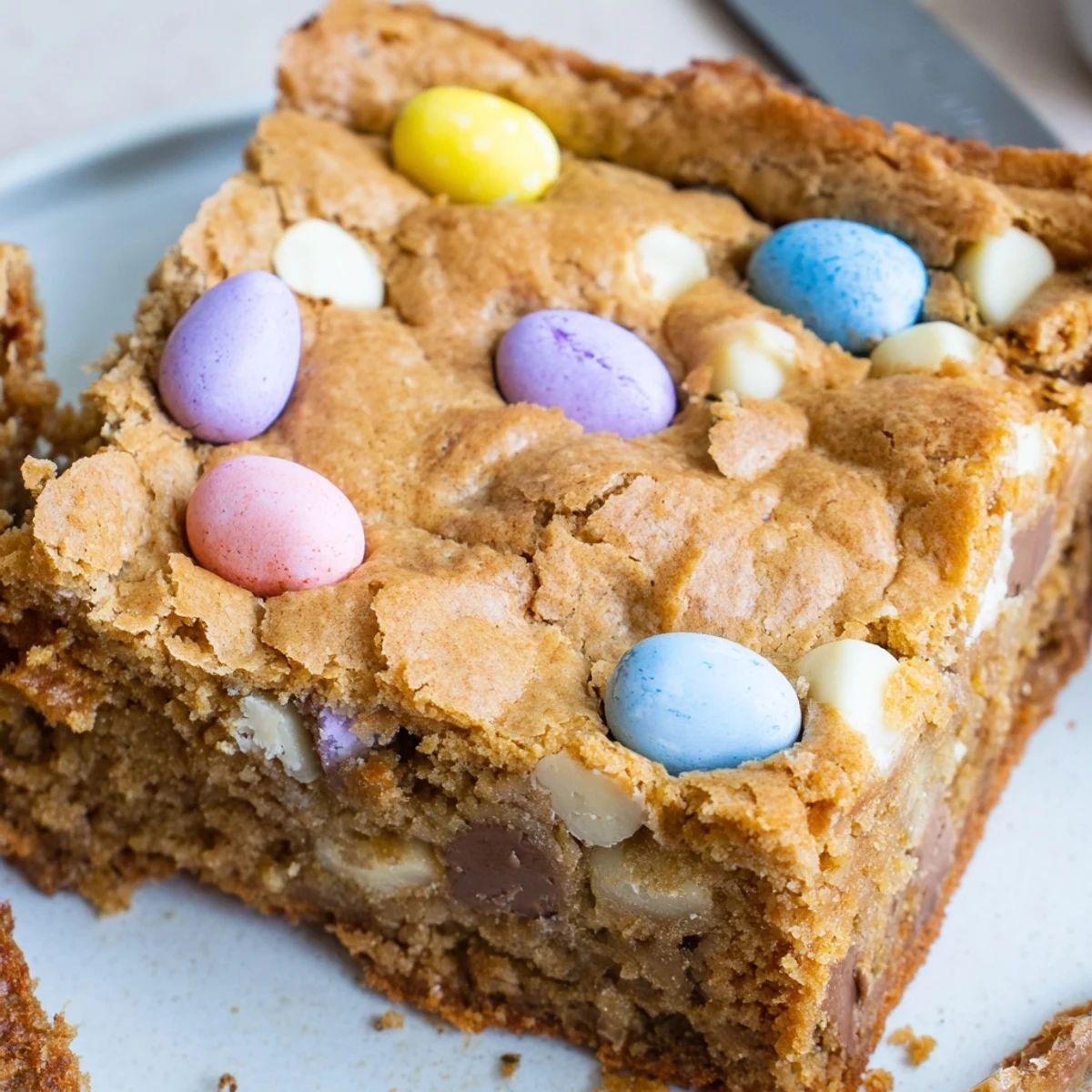 Golden mini Cadbury Easter Egg blondies with colorful candy-coated chocolates pressed into gooey, buttery bars