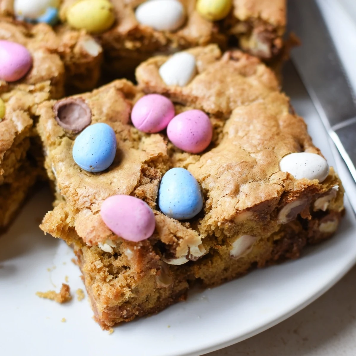Chewy mini Cadbury Easter Egg blondies cut into squares showing rich, dense crumb studded with pastel candies