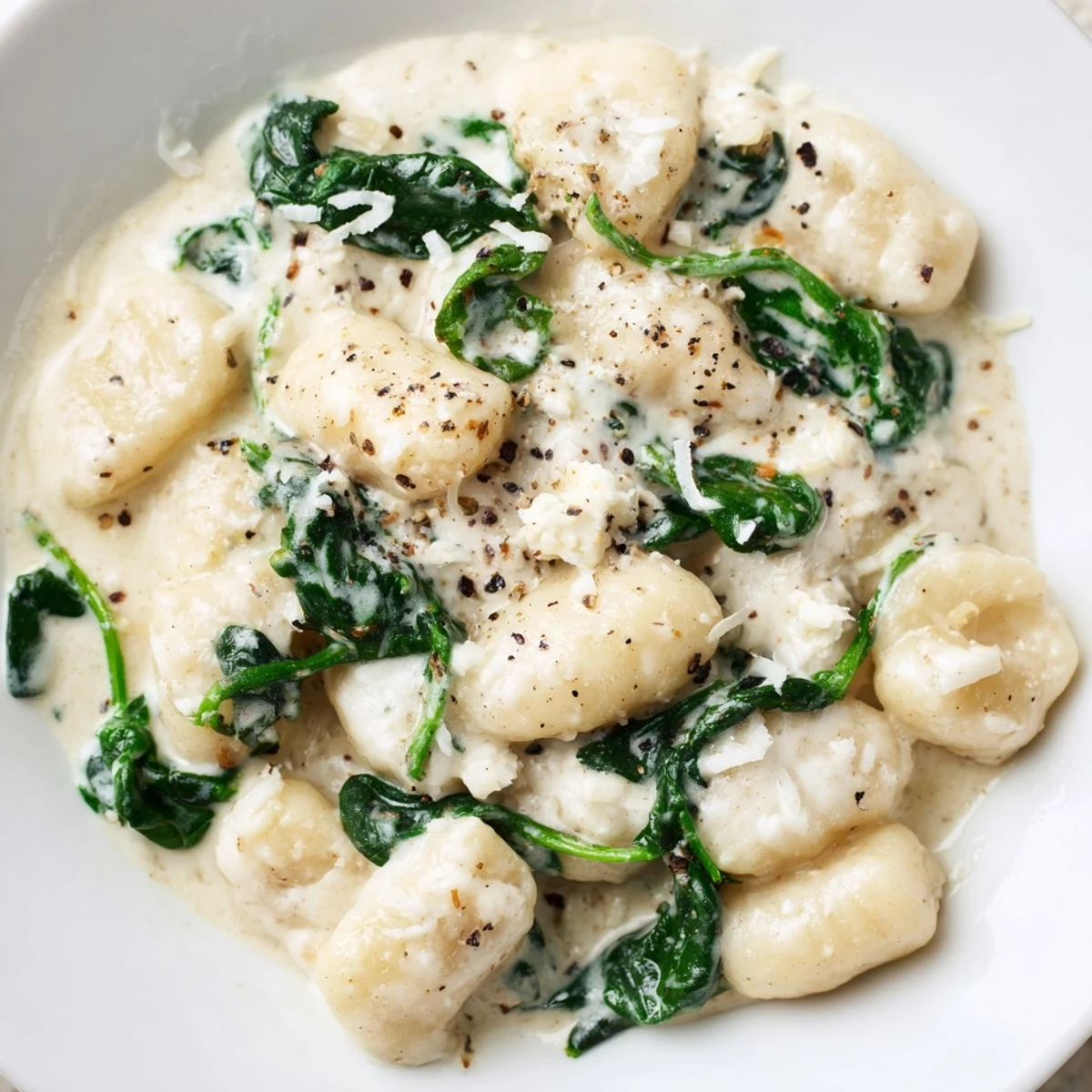 Creamy gnocchi with spinach and feta topped with extra crumbled cheese