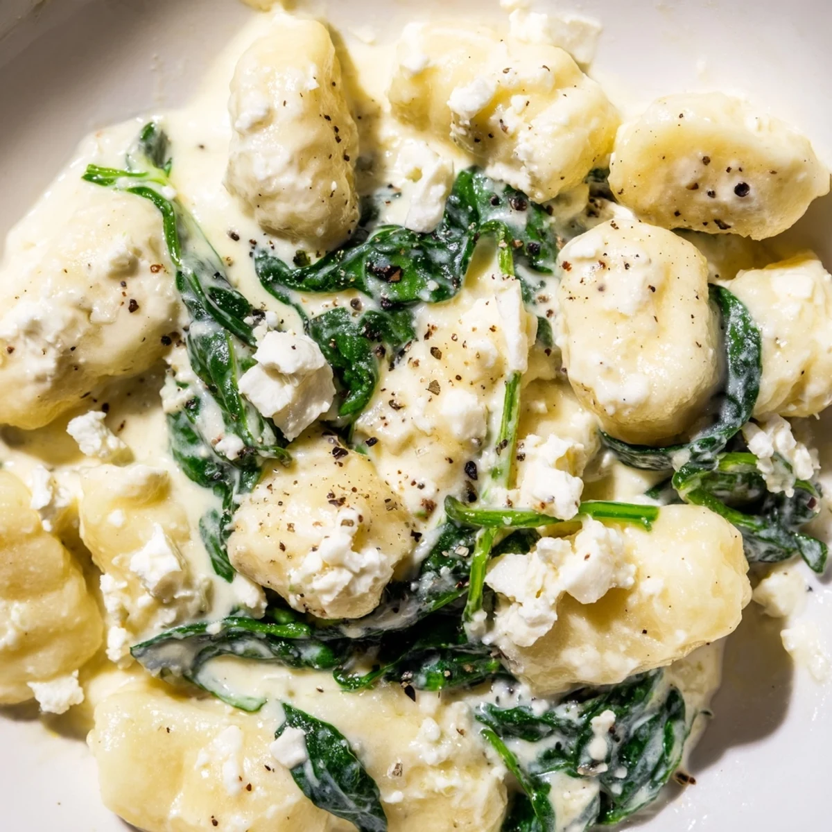 Soft potato gnocchi with spinach and feta swimming in rich white sauce