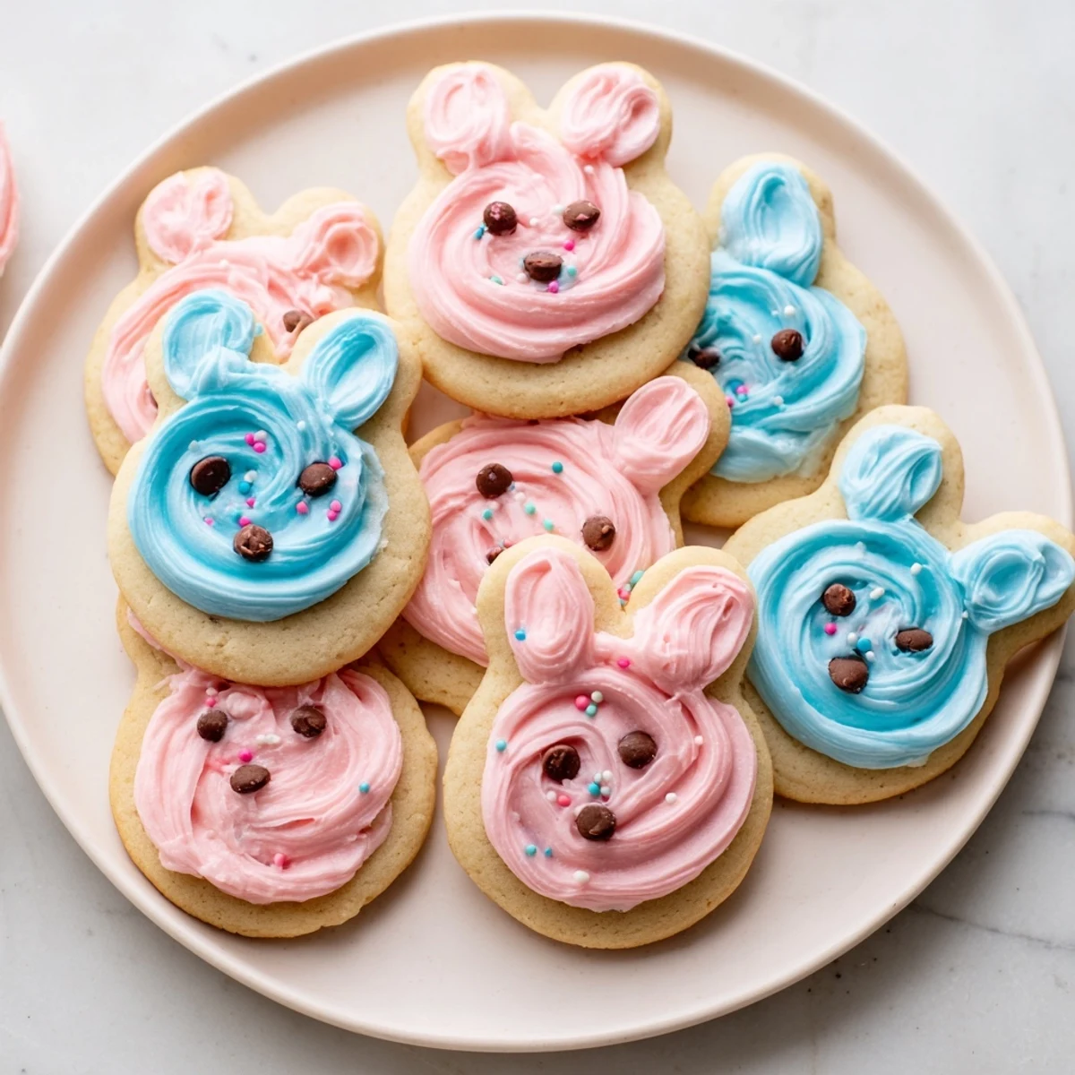 Soft buttercream bunny cookies with pastel frosting arranged on a rustic spring table