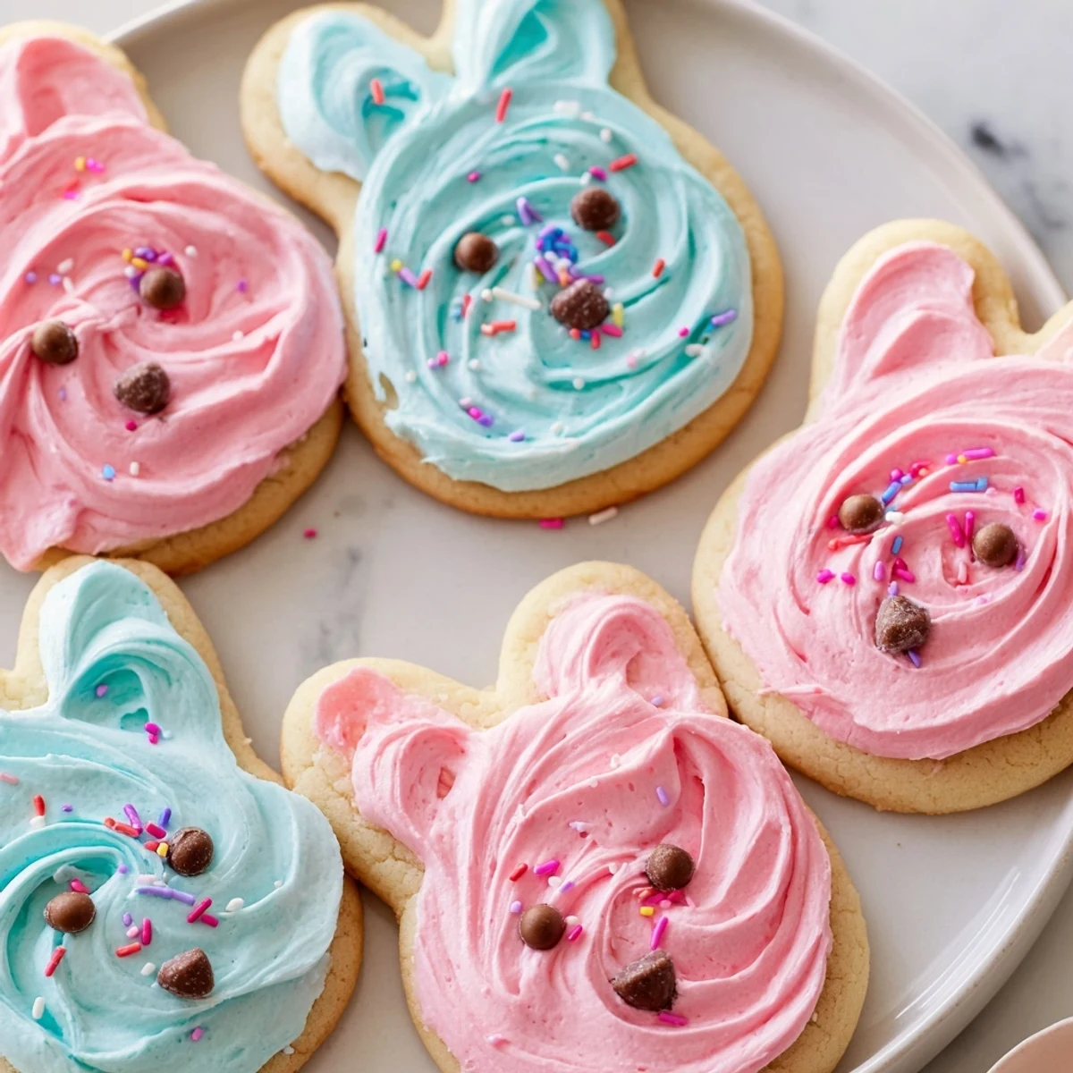 Adorable bunny-shaped sugar cookies piped with fluffy vanilla buttercream and candy eyes