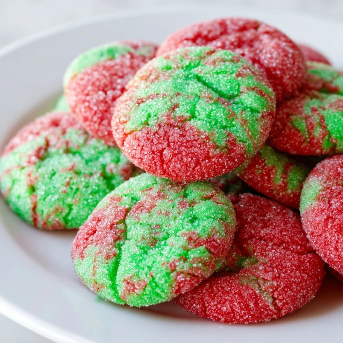 Soft chewy Jello sugar cookies in vibrant colors on a white serving plate