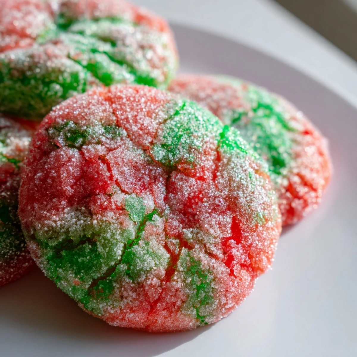 Bright pink and green Jello sugar cookies with crackled sugar coated tops