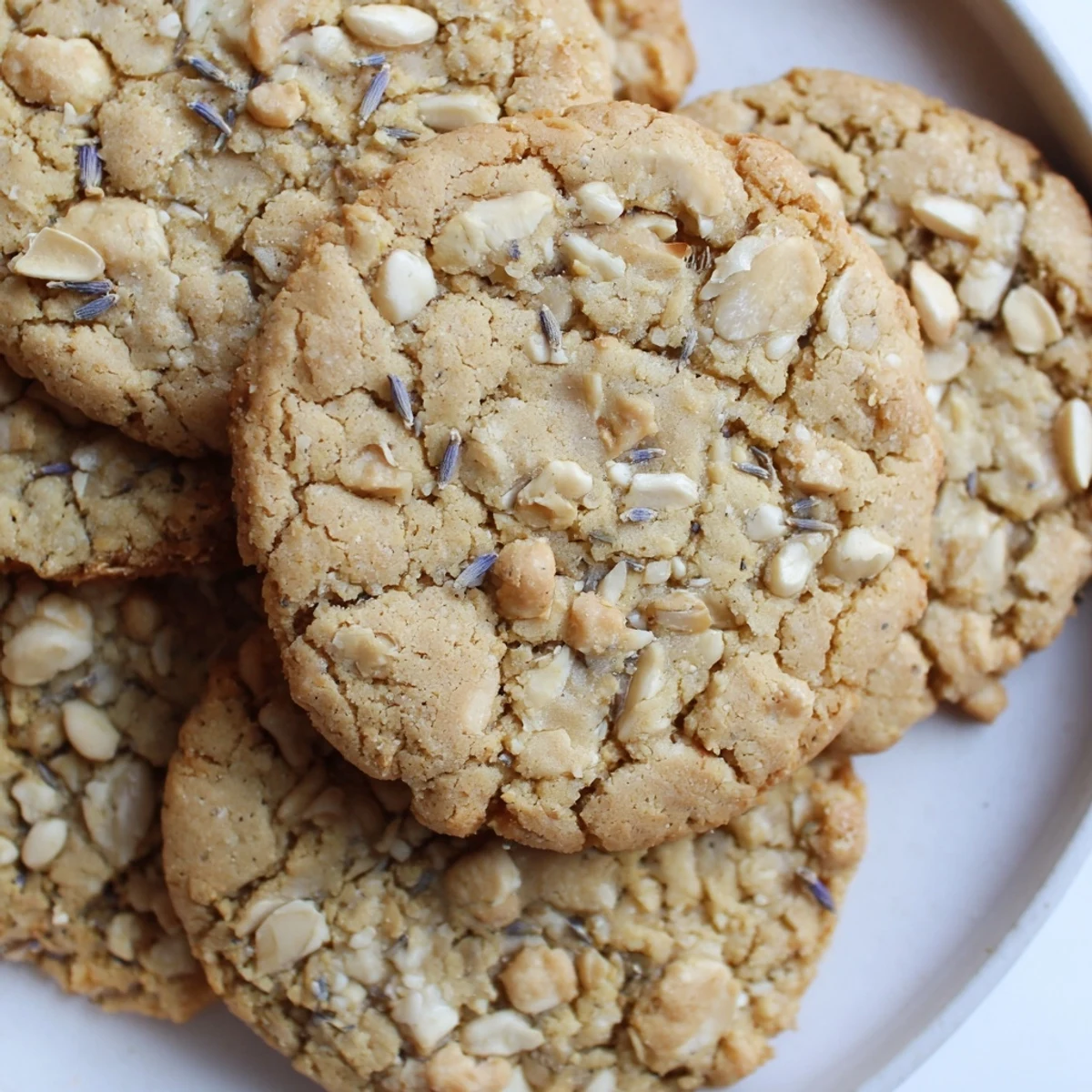 Golden lavender honey crunch cookies with toasted nuts cooling on a wire rack