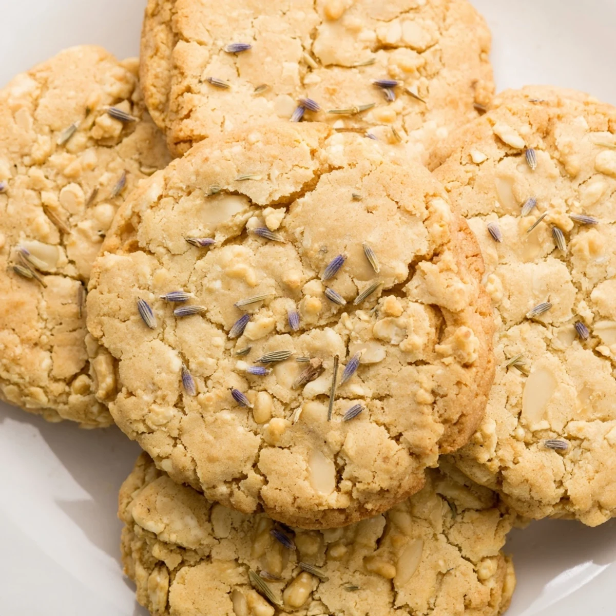 Crisp lavender honey crunch cookies stacked beside a steaming cup of tea