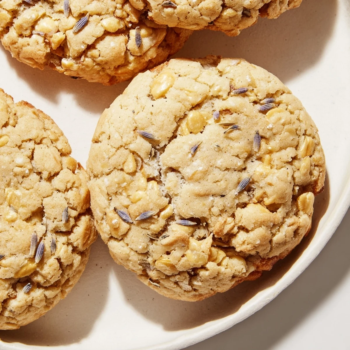 Rustic lavender honey crunch cookies topped with chopped almonds on parchment paper
