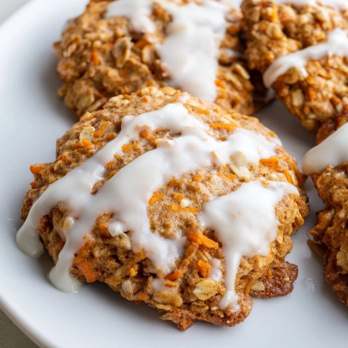 Soft carrot cake cookies with creamy white drizzle stacked on rustic wooden surface