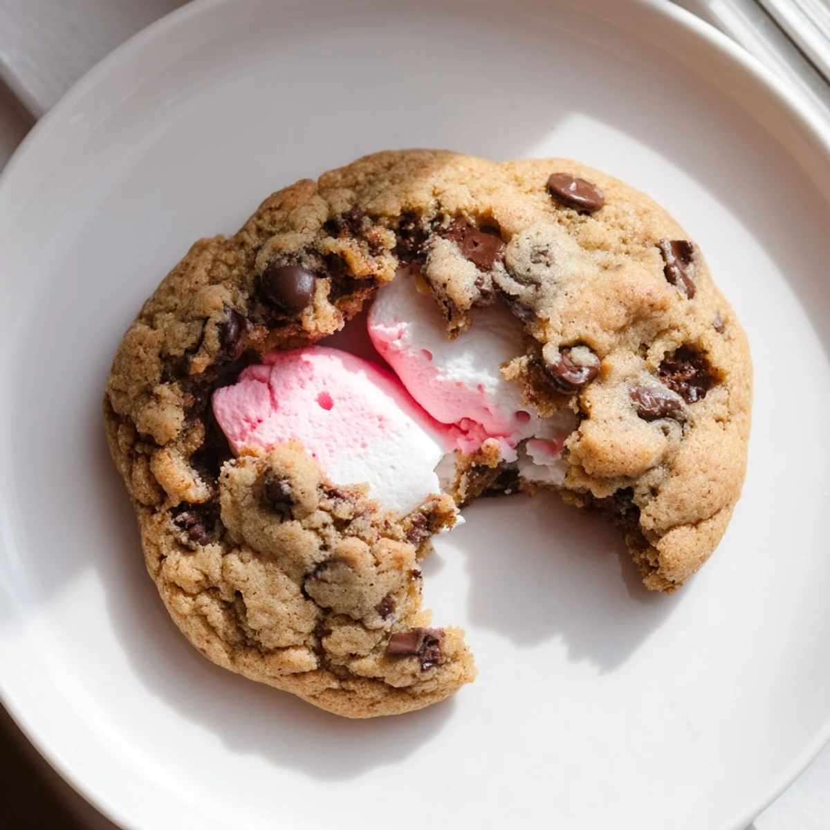 Golden Chocolate Chip Peep Stuffed Easter Cookies with melty marshmallow center on rustic baking sheet