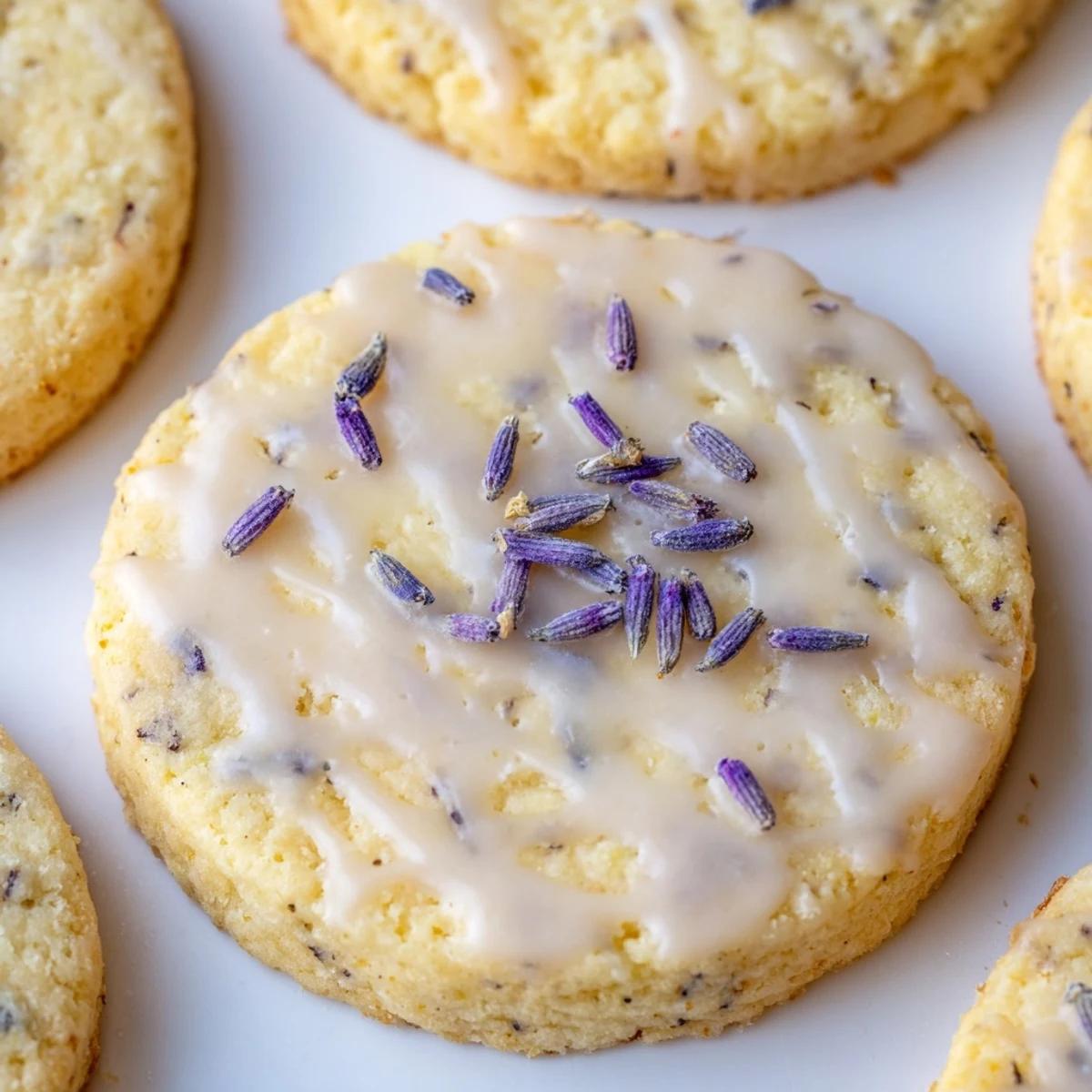 Buttery Iced Lemon Lavender Shortbread Cookies with delicate golden edges arranged on parchment paper