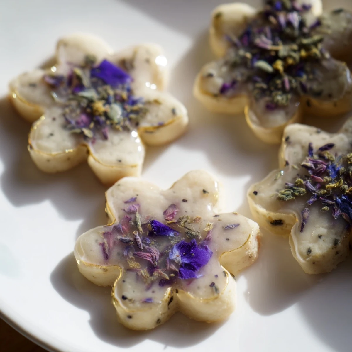 Delicate Earl Grey Stained Glass Floral Cookies with colorful translucent candy centers and dried flower petals