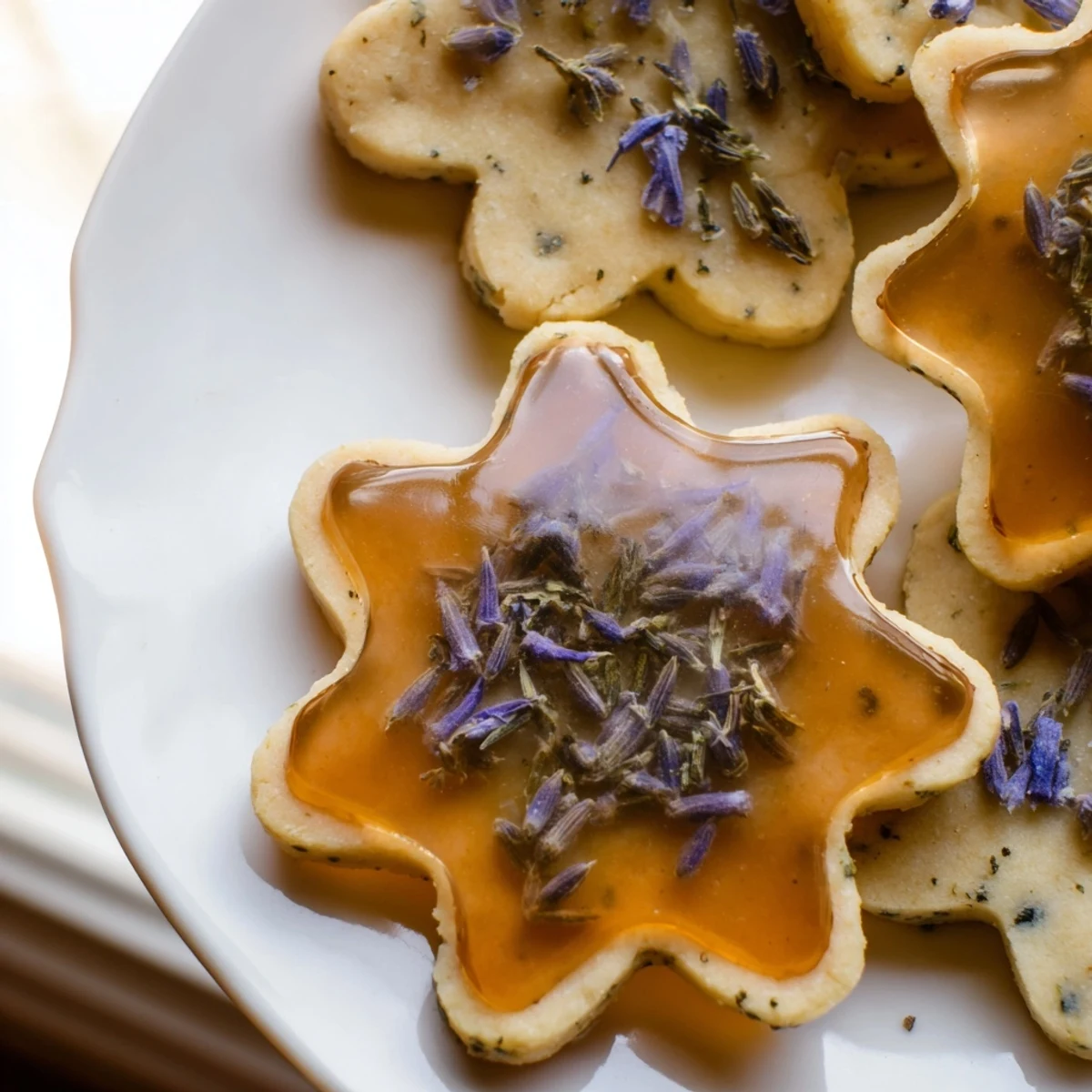 Elegant vegan Earl Grey Stained Glass Floral Cookies arranged on a porcelain serving plate