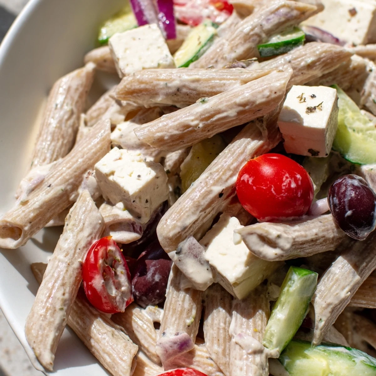 Colorful High Protein Greek Pasta Salad loaded with crisp vegetables, tender chicken, and creamy feta cheese