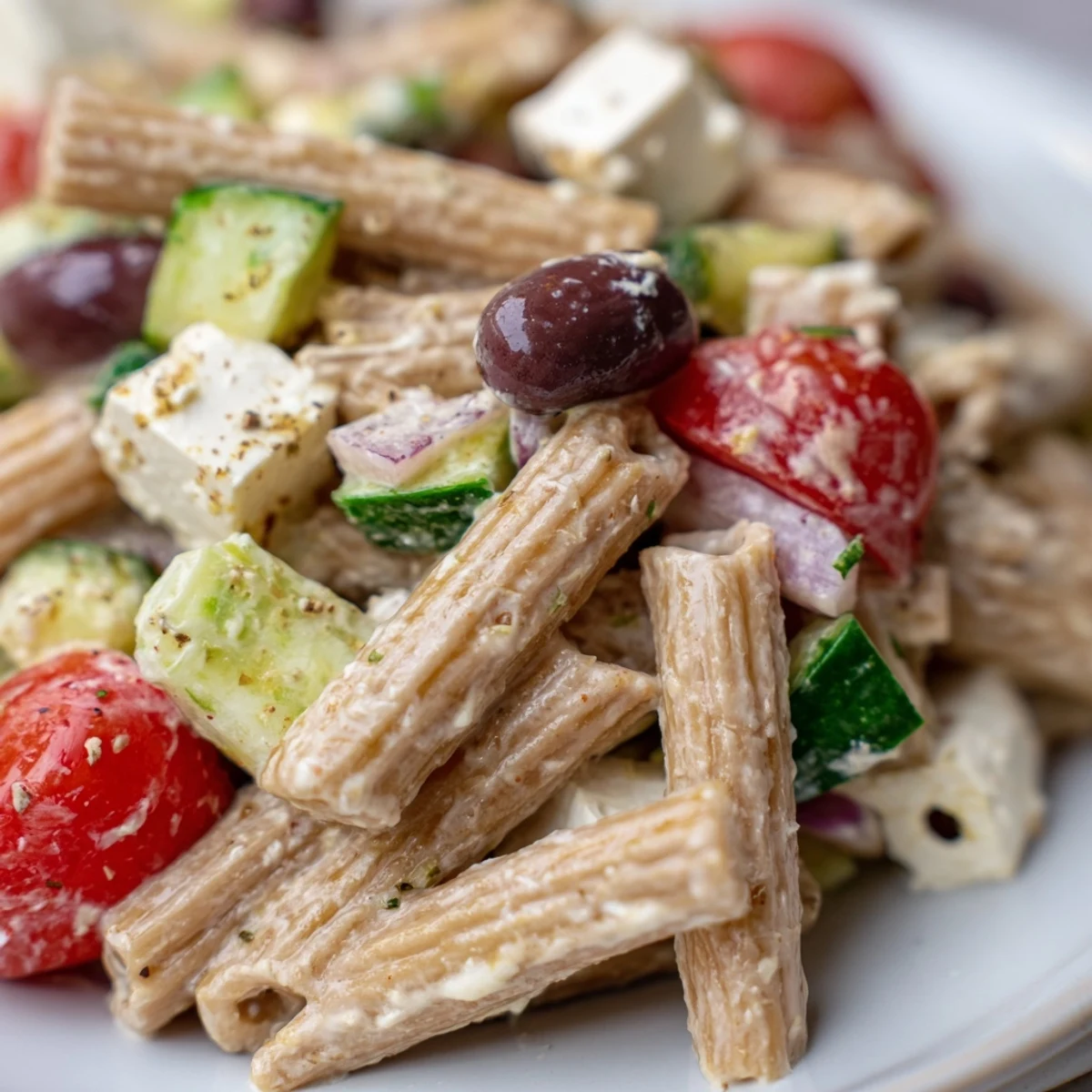 High Protein Greek Pasta Salad in a white bowl featuring ripe tomatoes, cucumbers, and olives