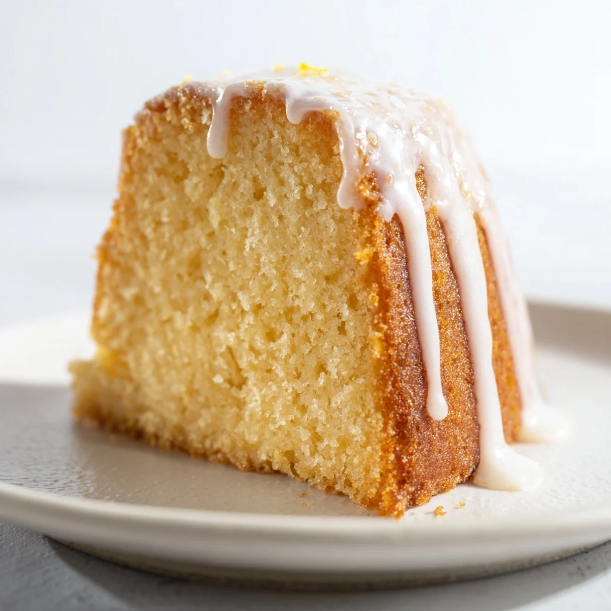 Golden church cake with vanilla glaze drizzled over a moist, tender sponge ready for slicing