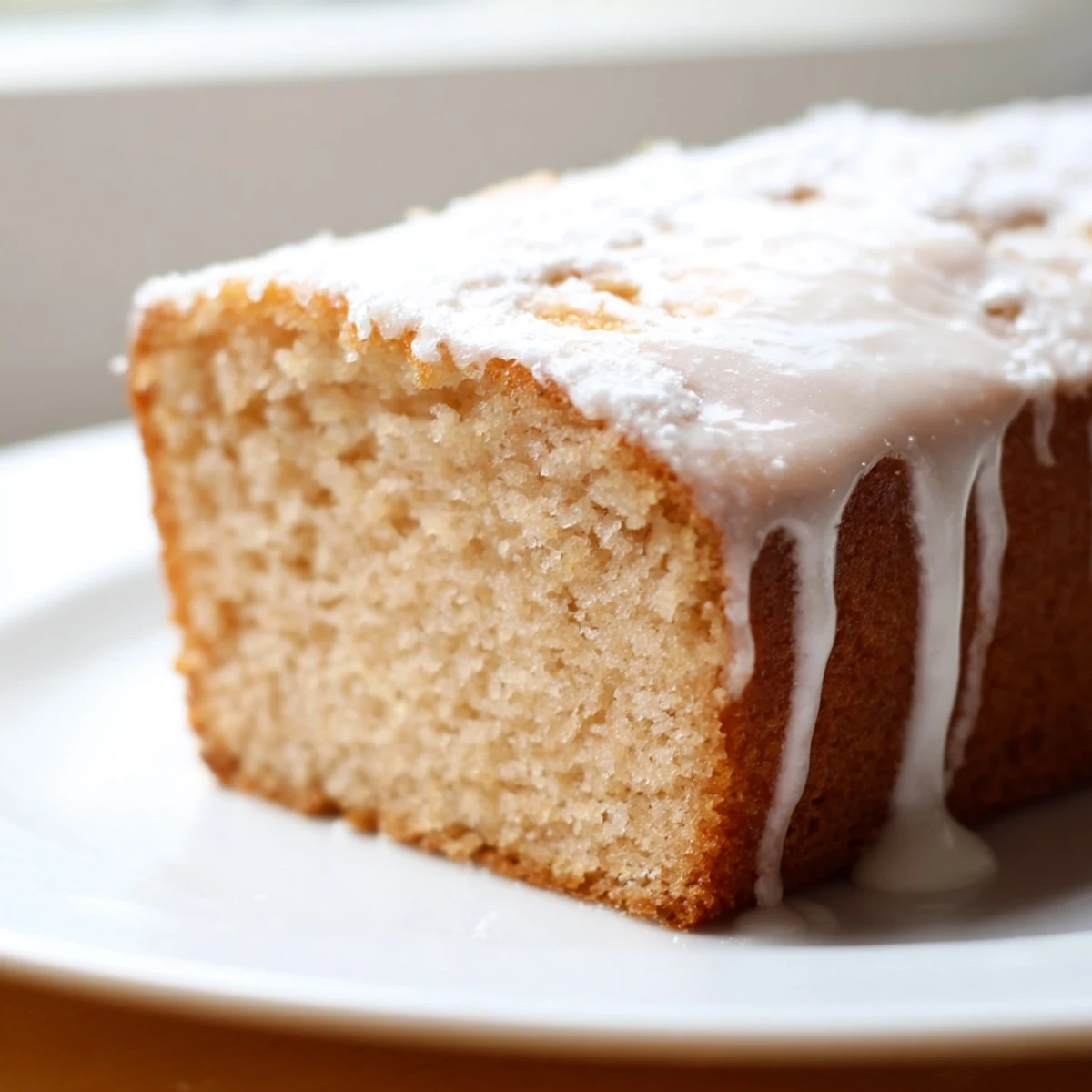 Classic church cake served on a white plate featuring soft vanilla sponge and sweet powdered glaze