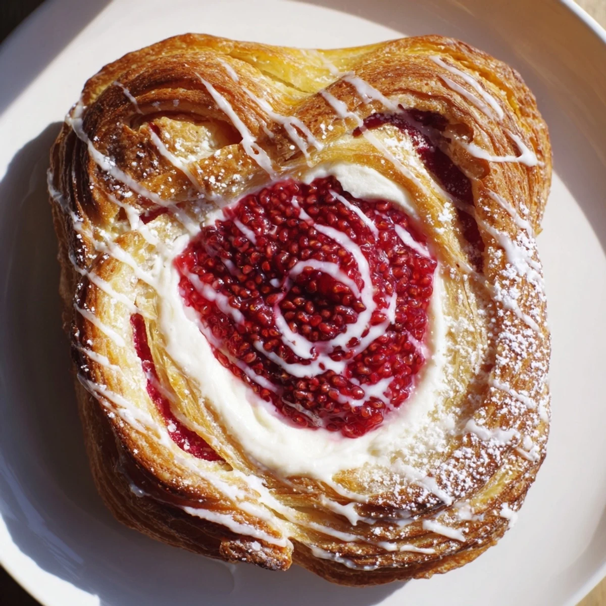 Golden Sourdough Discard Raspberry Cream Cheese Danishes drizzled with sweet vanilla glaze on a rustic wooden board