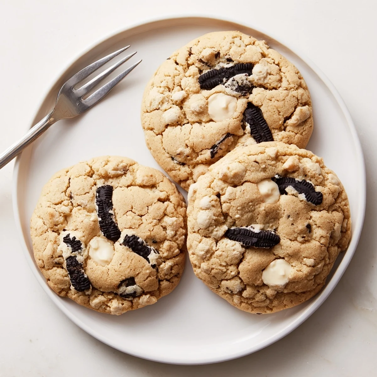 Soft chewy cookies and cream cookie with crushed Oreo pieces and melted white chocolate chips