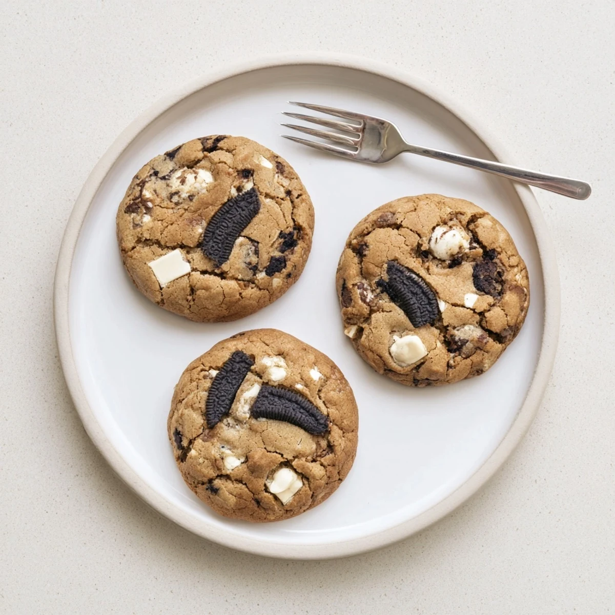 Warm cookies and cream cookie fresh from the oven with golden edges and creamy centers