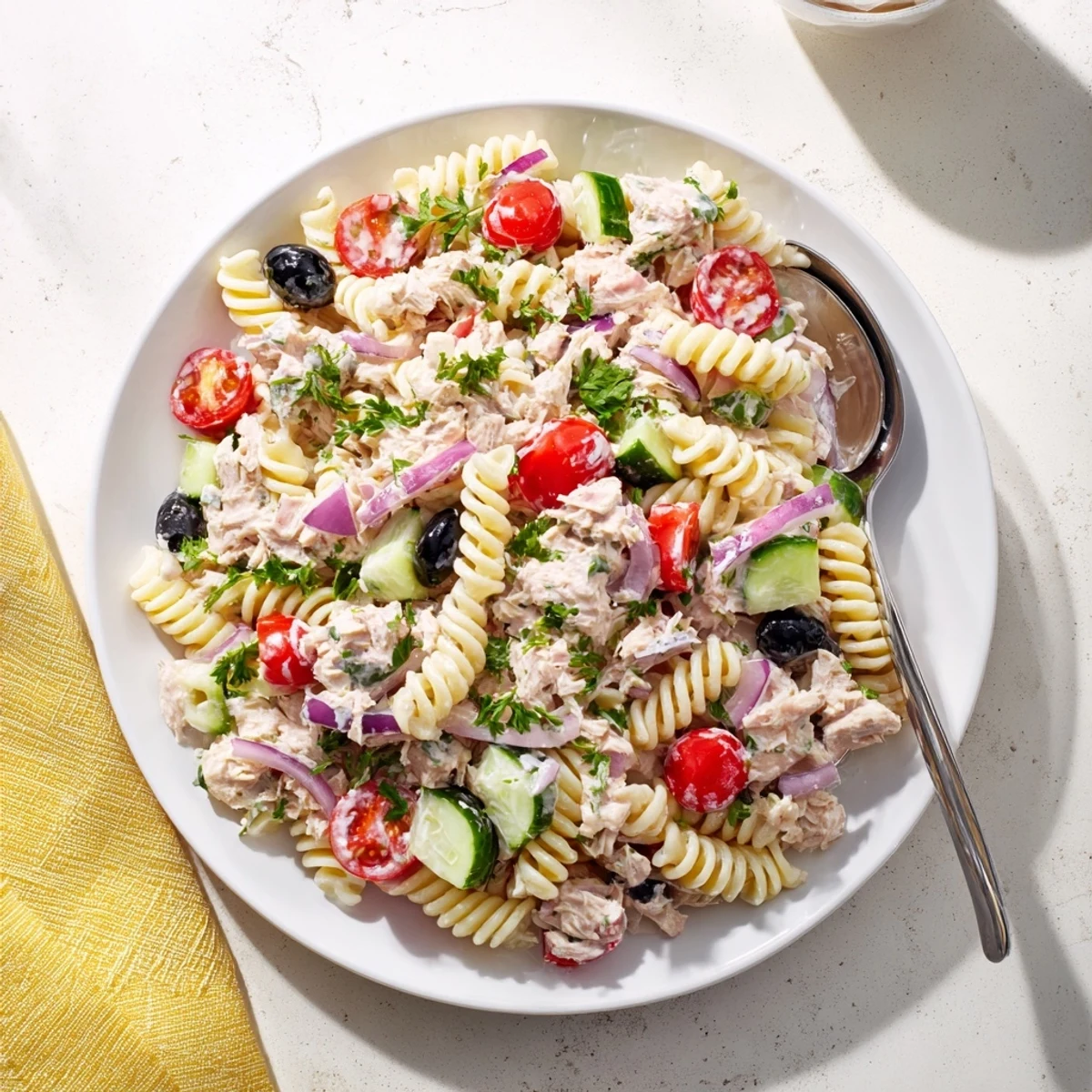Chilled tuna pasta salad featuring flaky tuna, crisp celery, and juicy tomatoes in creamy dressing