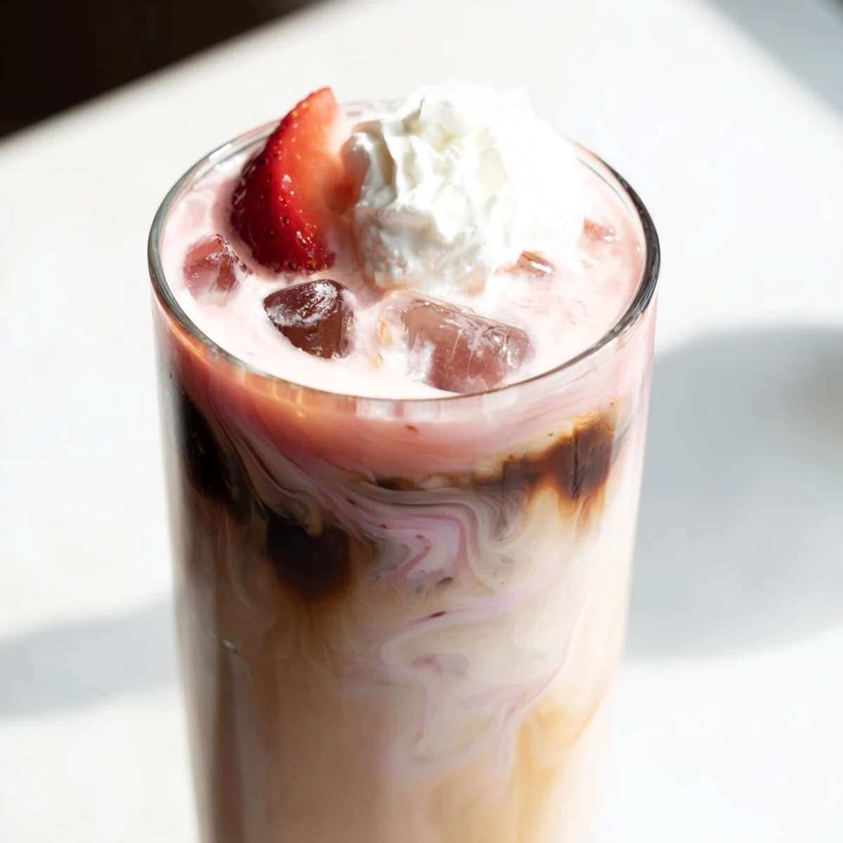 Creamy strawberry cold latte in a tall glass with ice and fresh berry garnish