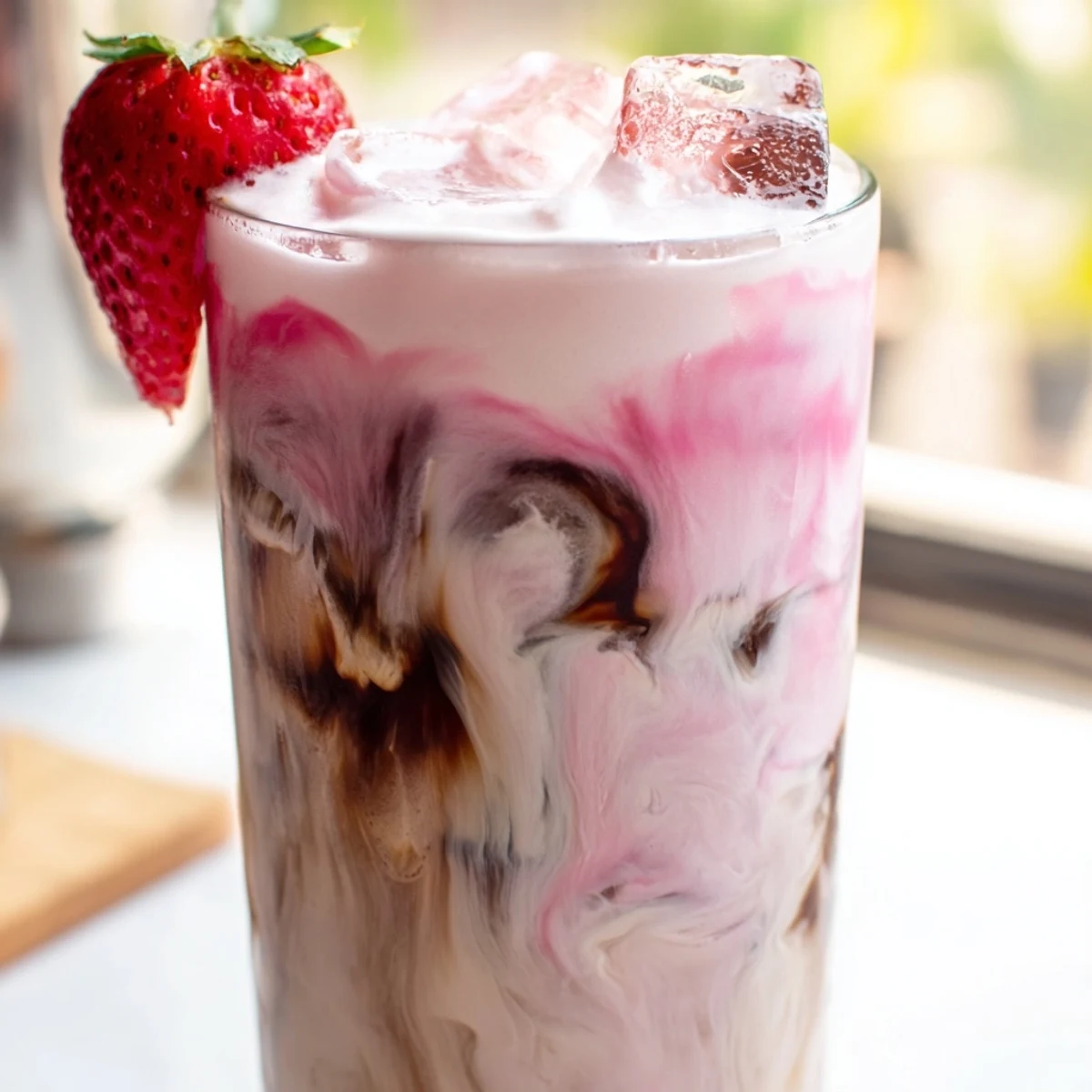 Chilled strawberry latte with swirled coffee layers served over ice in clear glass
