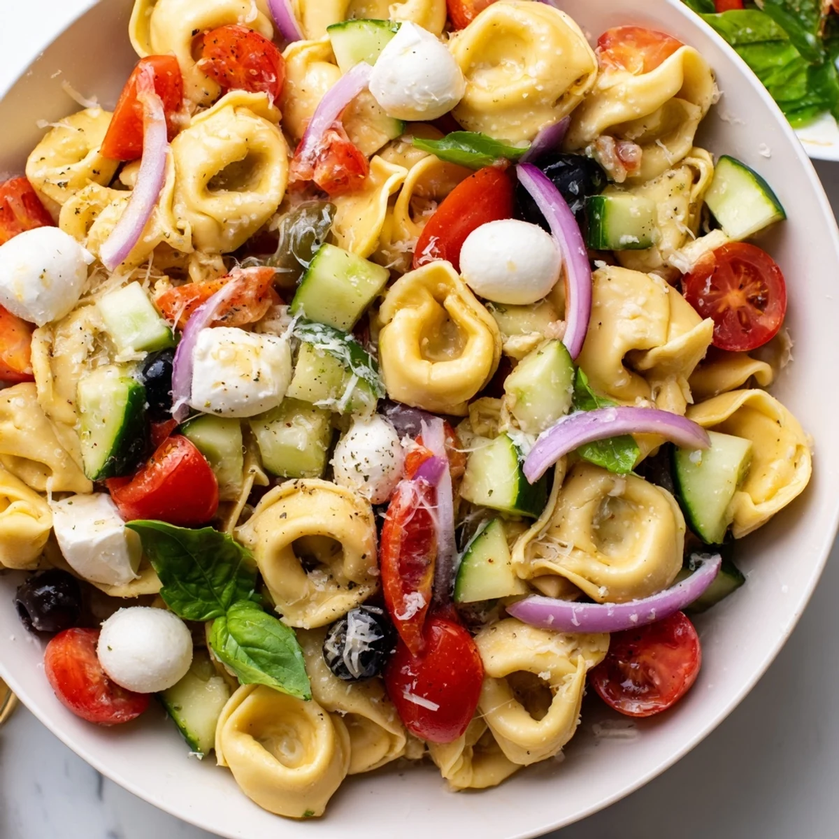 Creamy cheese tortellini salad garnished with fresh basil and shaved Parmesan in a large serving bowl