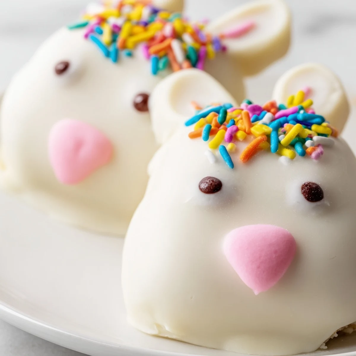 Adorable white chocolate bunny cakesicles with candy eyes and pink ears on a rustic wooden serving board