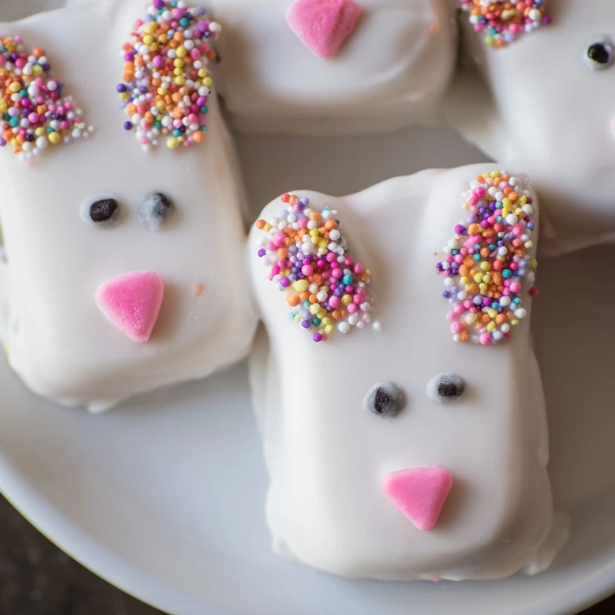 Creamy white chocolate bunny cakesicles decorated with colorful sprinkles for festive Easter dessert celebration