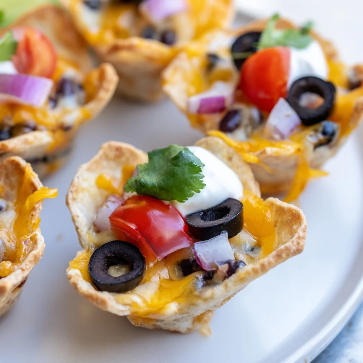 Crispy cheesy nacho cups bubbling with melted cheddar and colorful fresh toppings in muffin tin