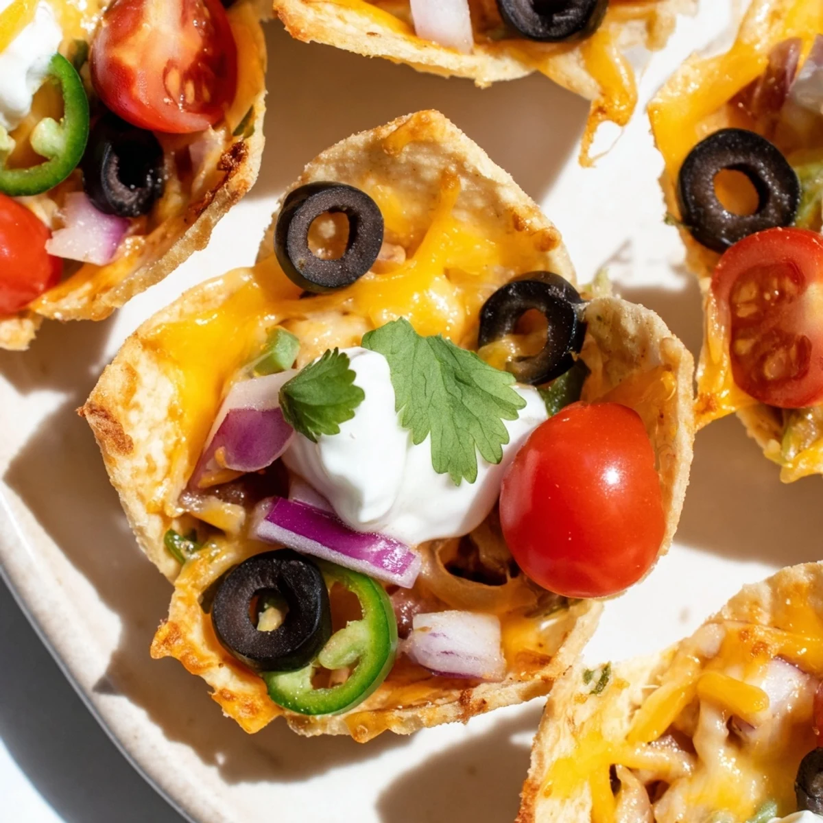 Golden tortilla cups filled with gooey melted cheese and zesty nacho toppings arranged on platter