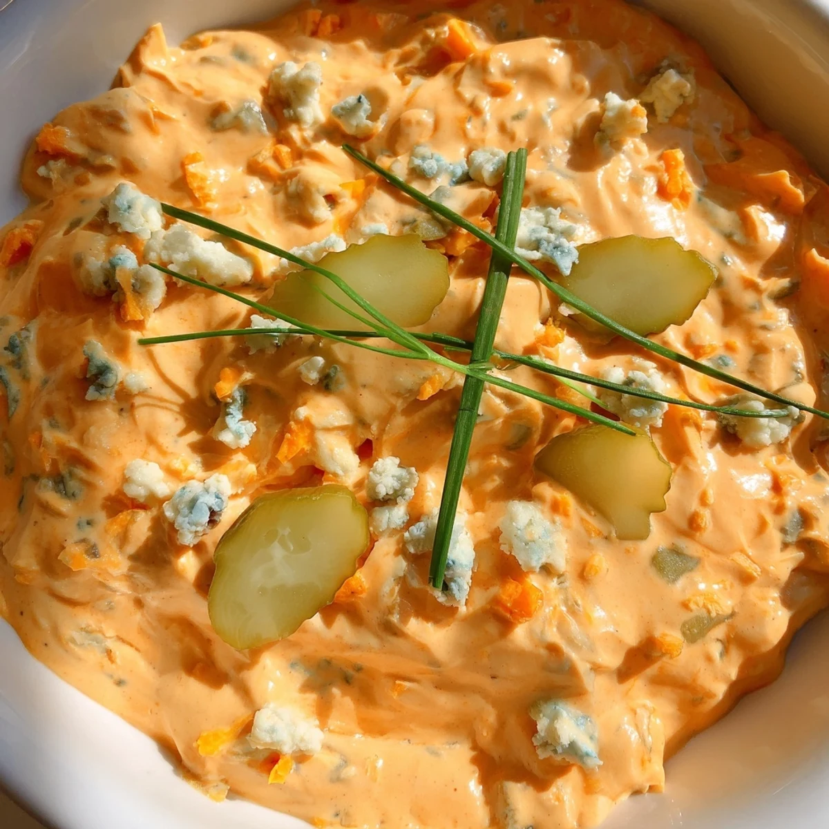 Creamy buffalo pickle dip in a serving bowl surrounded by crunchy chips and fresh veggie sticks