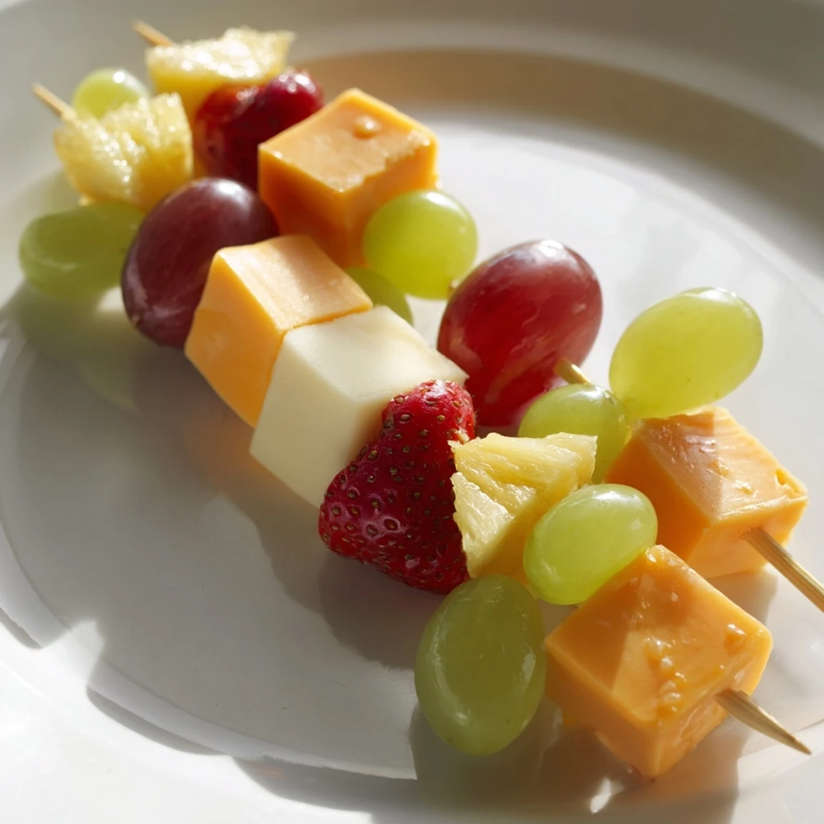 Fruit and cheese kabobs arranged on platter with colorful grapes, strawberries, and cheddar cubes