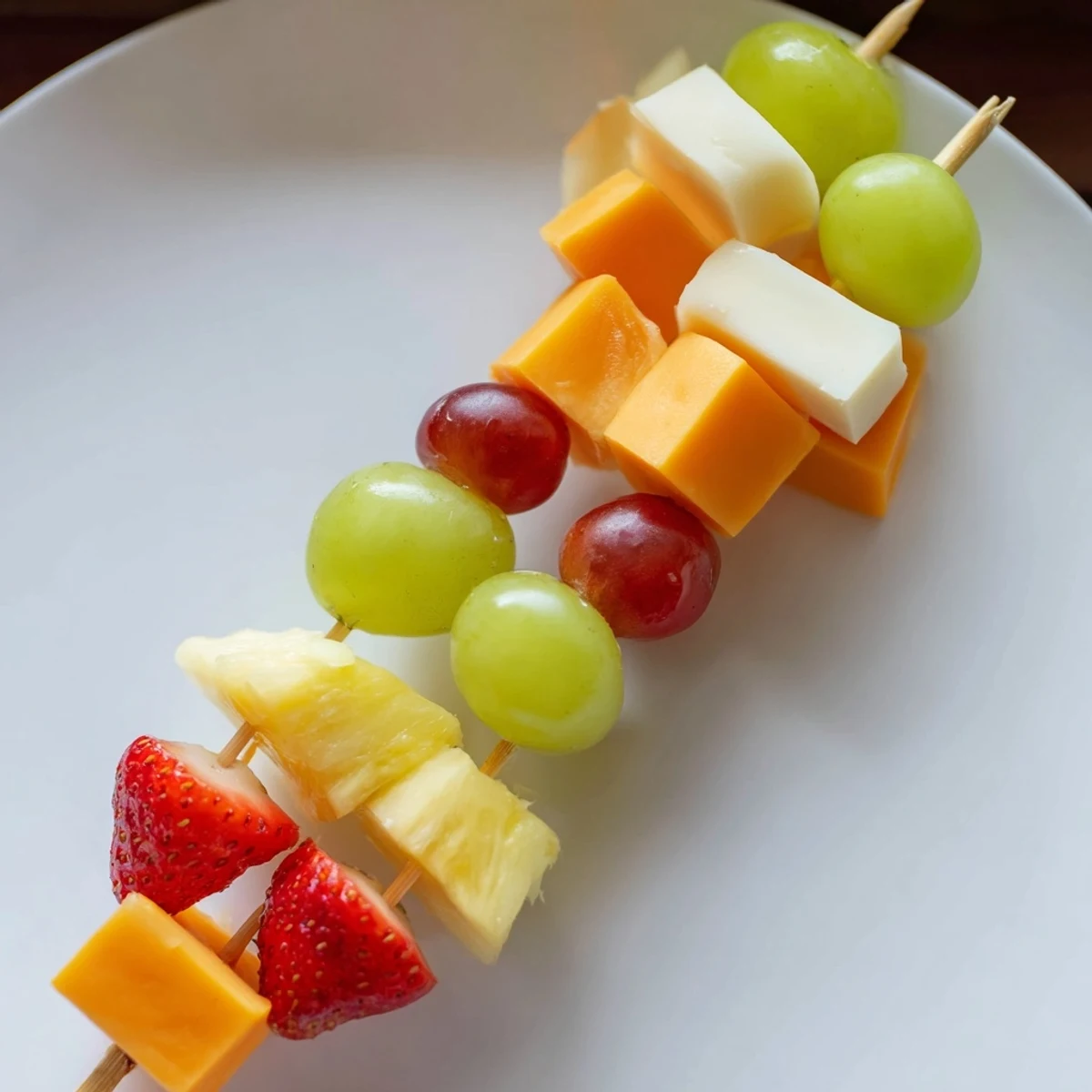 Colorful fruit and cheese kabobs featuring juicy grapes, pineapple chunks, and creamy Monterey Jack