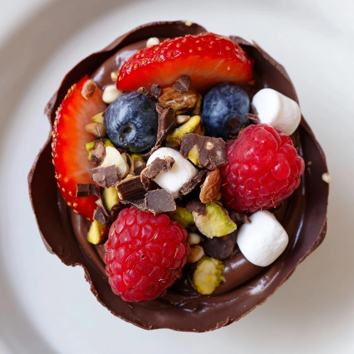 Elegant chocolate grazing cups with velvety mousse, jewel toned berries, and crunchy nut garnishes