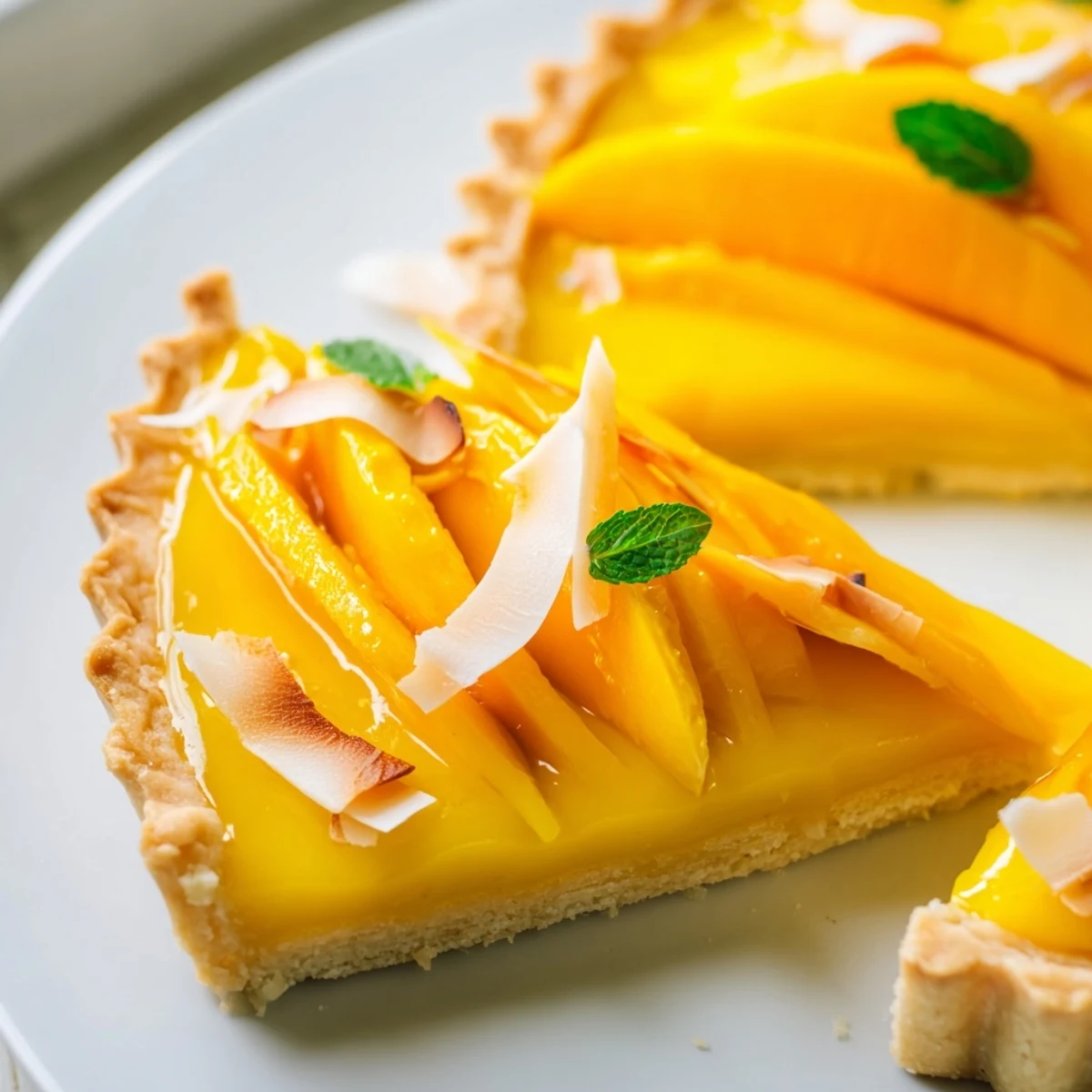 Golden mango curd tart sliced and topped with fresh mango and mint leaves