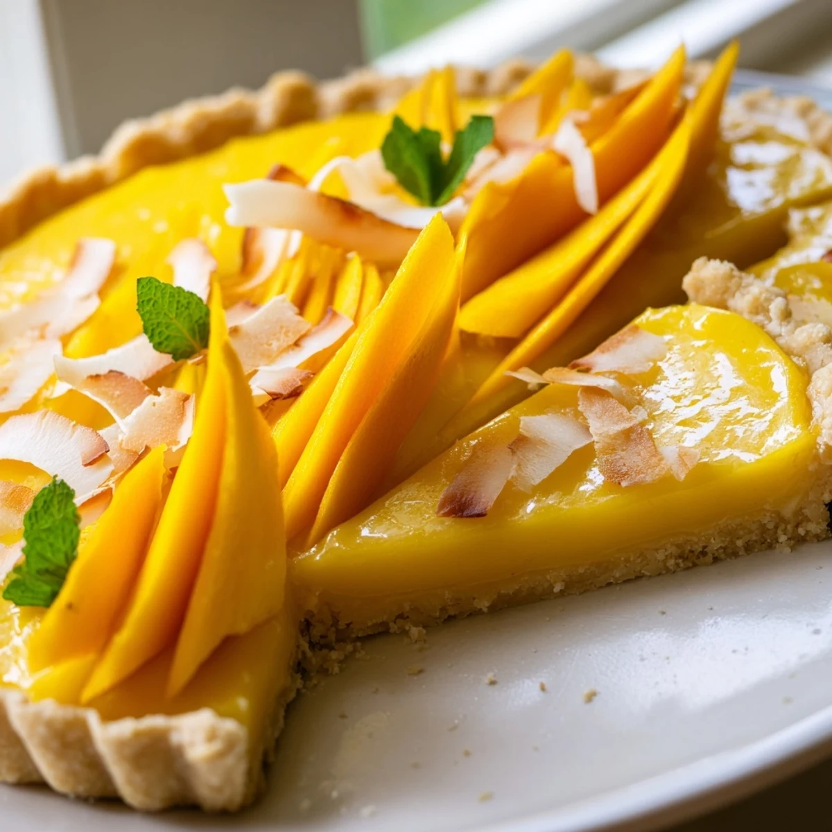 Creamy mango curd tart in buttery golden crust garnished with toasted coconut flakes