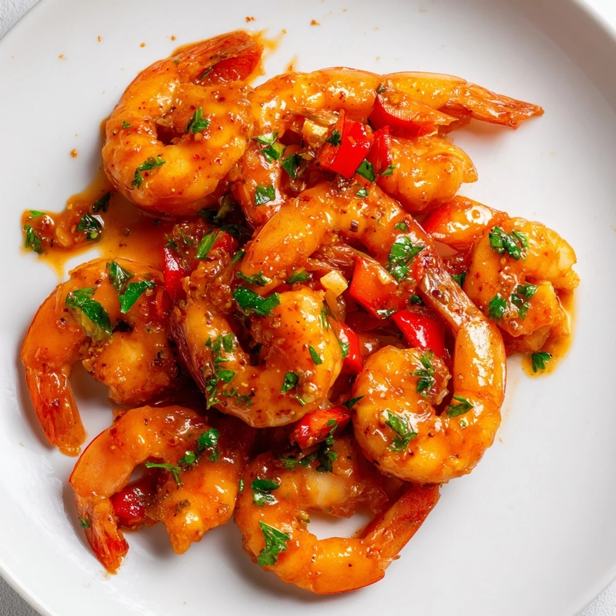 Succulent pink shrimp in garlic paprika skillet served with bright lemon wedges