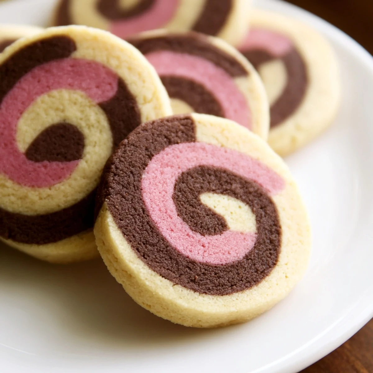 Neapolitan Swirl Cookies showing pink, brown, and cream spirals on rustic wooden surface