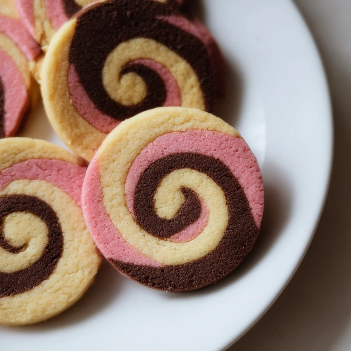 Soft Neapolitan Swirl Cookies with chocolate vanilla strawberry layers arranged on white ceramic plate