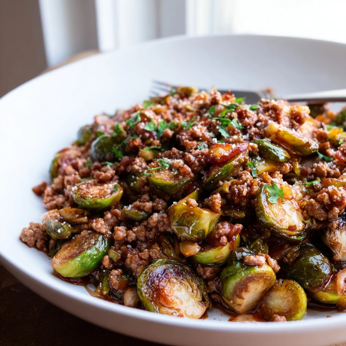 Golden caramelized ground beef and Brussels sprouts sizzling in a cast iron skillet