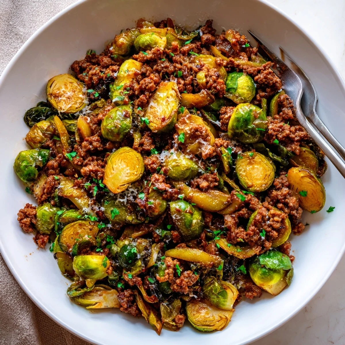 Tender Brussels sprouts with savory ground beef in a rich smoky sauce