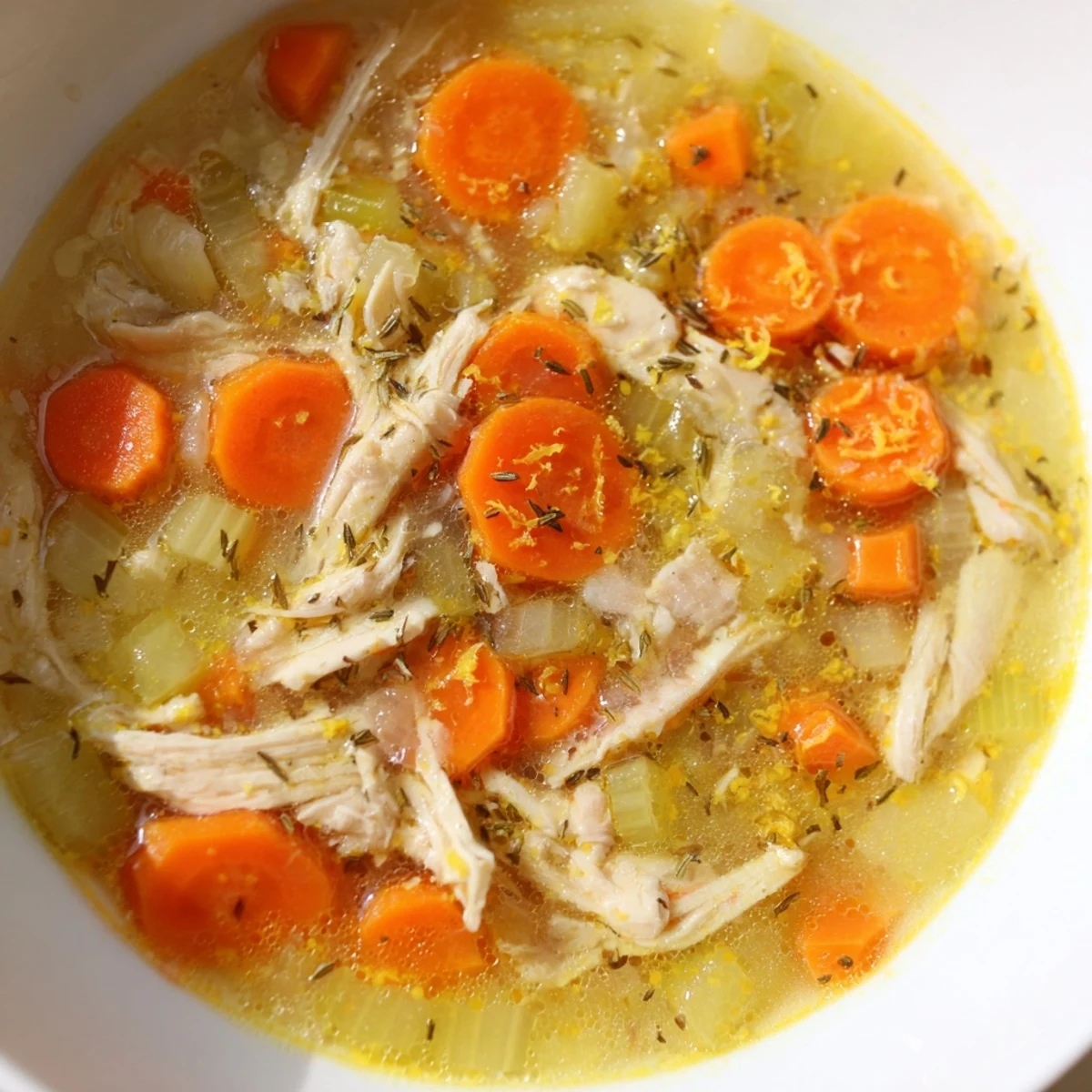 Steaming bowl of Crockpot Lemon Chicken Soup with shredded meat and bright vegetables