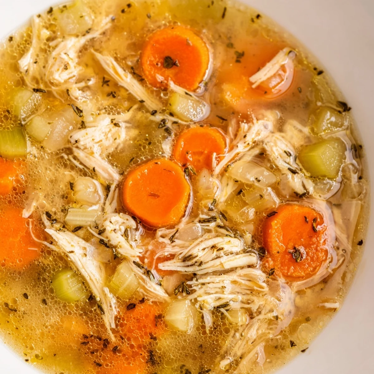 Golden Crockpot Lemon Chicken Soup served in a white ceramic bowl with parsley garnish