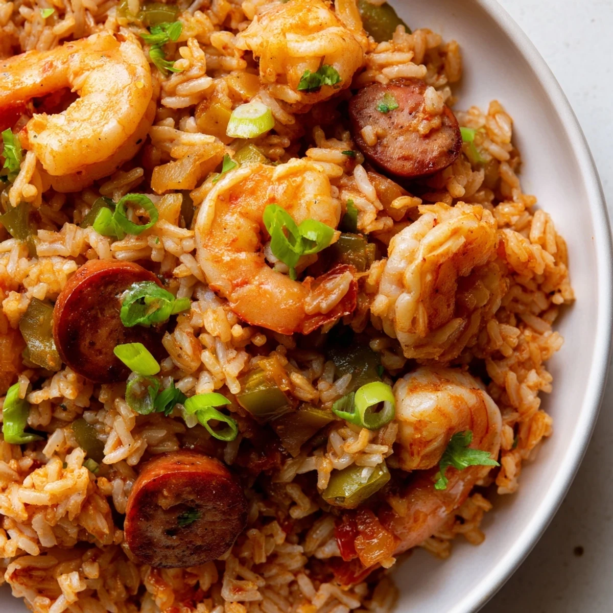 Golden shrimp and sausage dirty rice steaming in a cast iron skillet with fresh parsley garnish