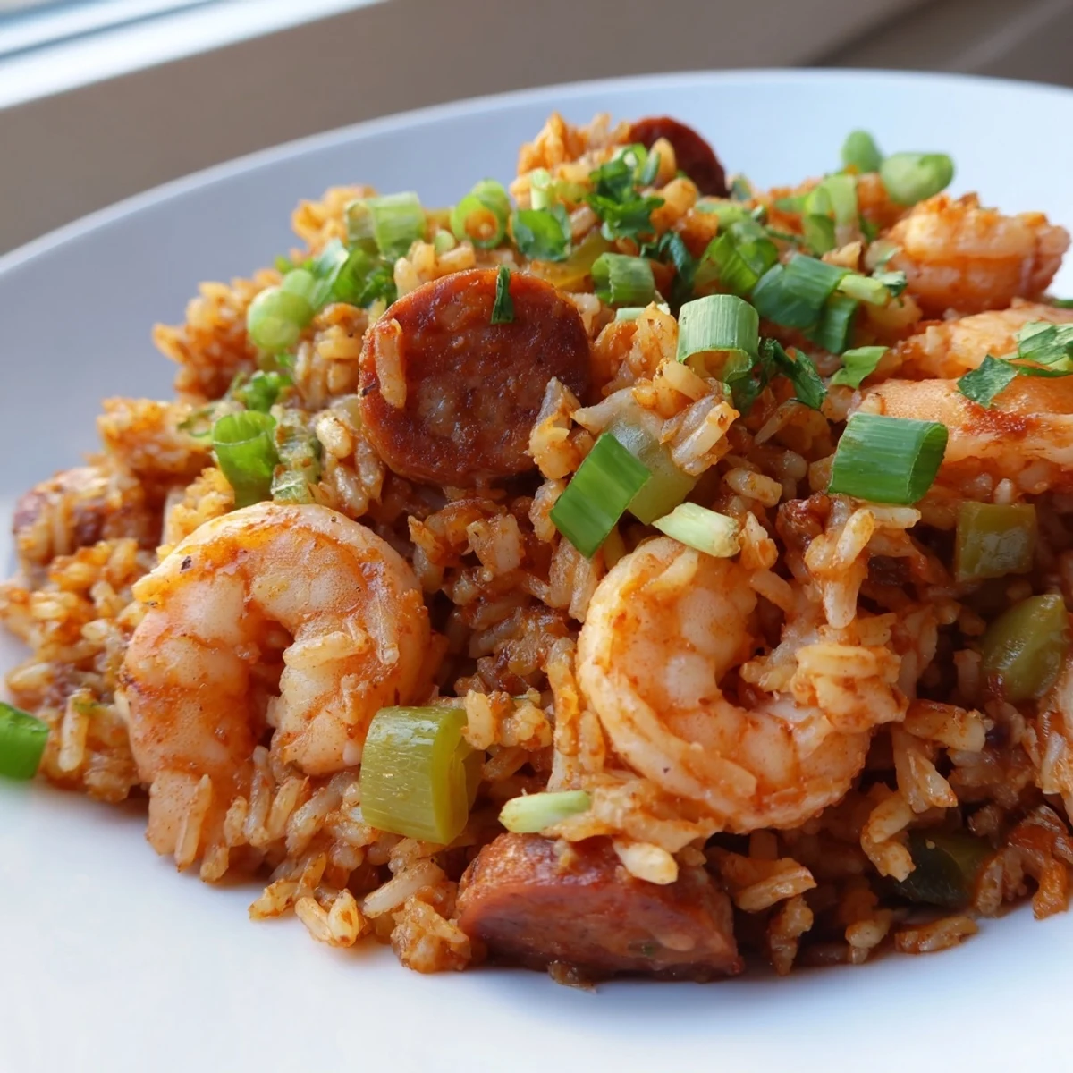 Spicy andouille sausage and tender shrimp mingled with seasoned rice in a rustic Dutch oven