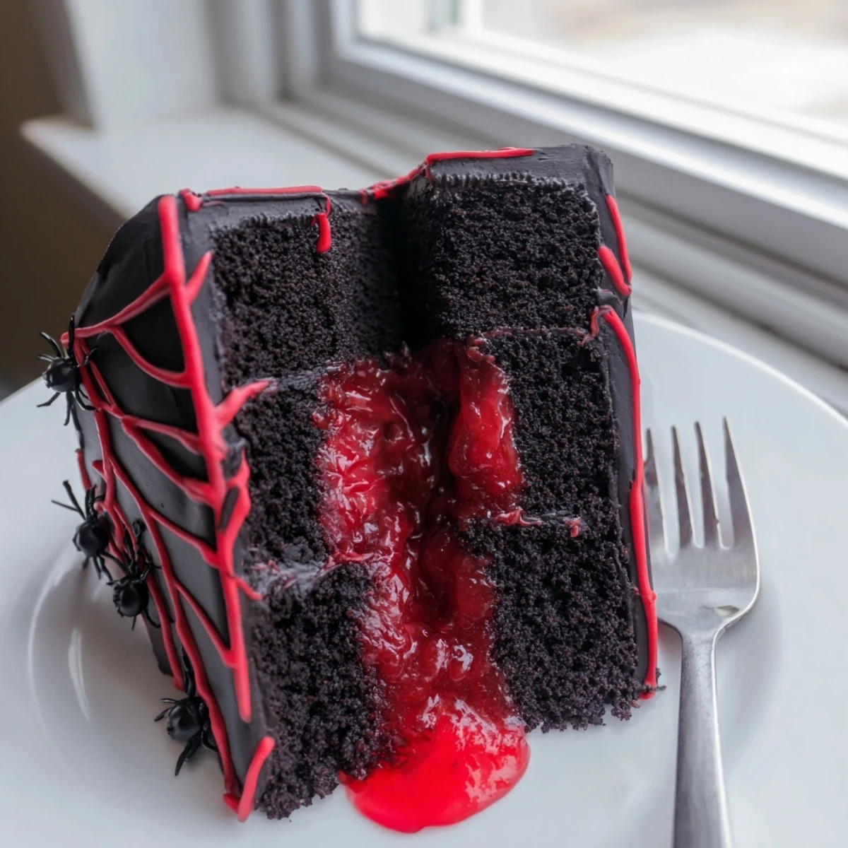 Dark Black Widow Cake with glossy ganache dripping over moist chocolate layers